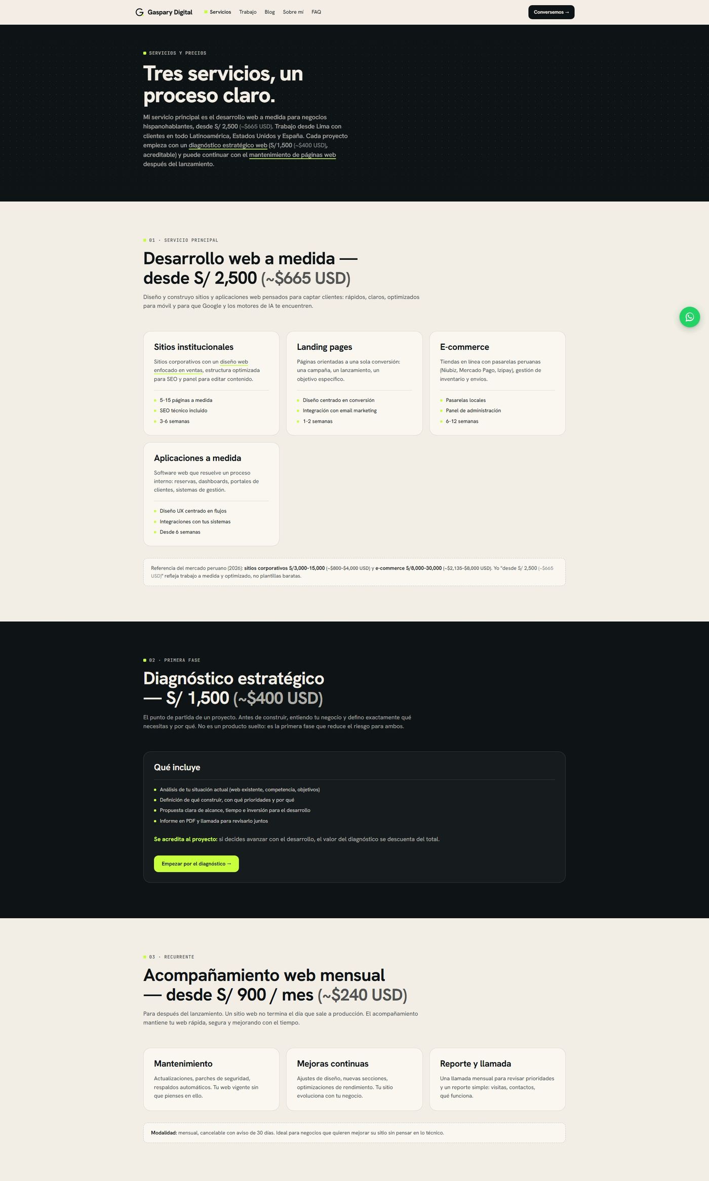 Página de servicios de Gaspary Digital con precios visibles