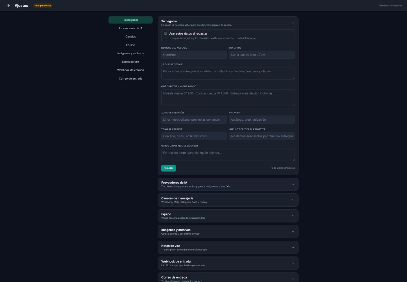 Ajustes de GeroHub con el formulario de datos del negocio